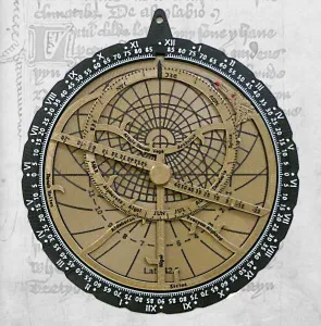 Astrolabe front with climate plate, rete, and alidade.  3D printed in bronze
